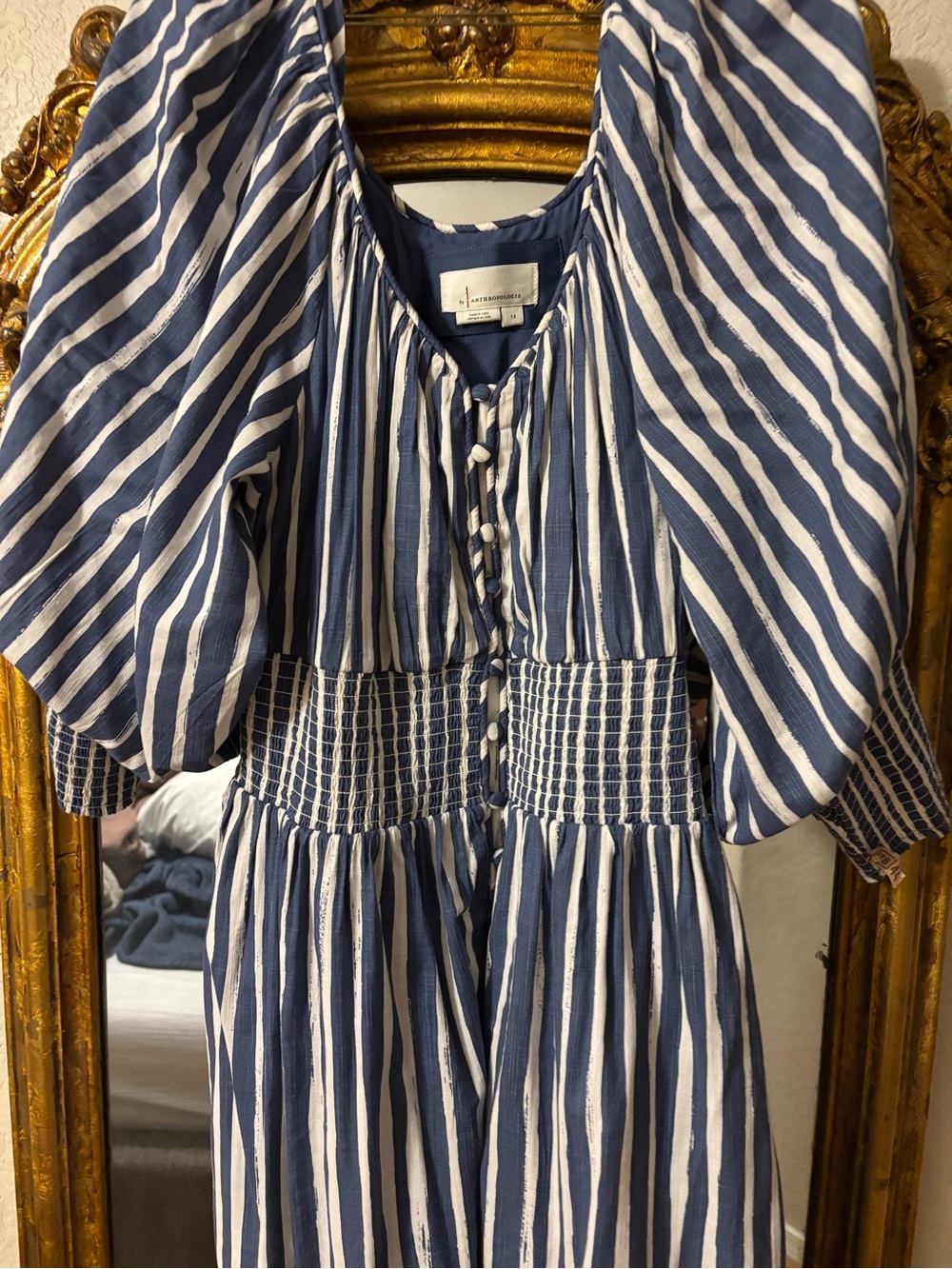 Anthropologie Navy and White Striped Puff-Sleeve Midi Dress - Picture 9 of 10